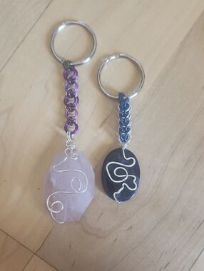 Handmade Chainmaille Wire-Wrapped Stone Keychains - Pink Rose Quartz & Sodalite